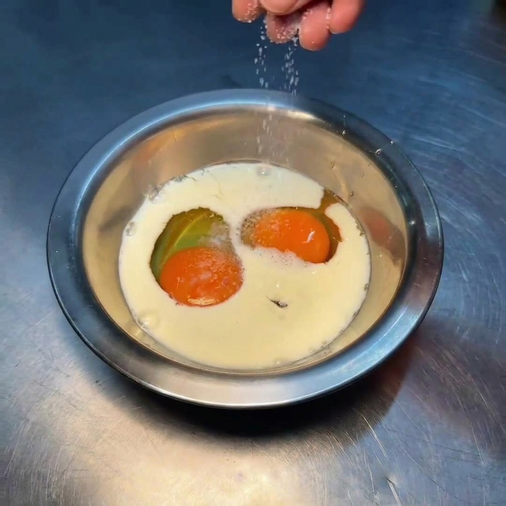 Eine Hand streut Salz und weißen Pfeffer in eine Schüssel mit Eiern und Milch.