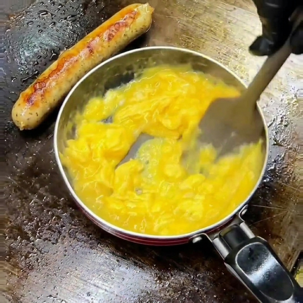 Rührei wird vorsichtig mit einem Pfannenwender in einer kleinen Pfanne gewendet.