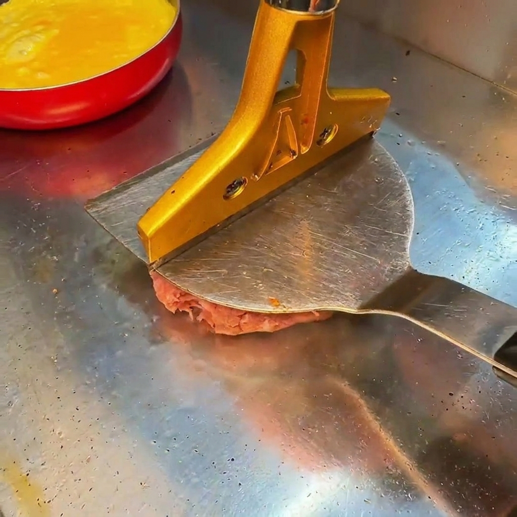 Ein rohes Rindfleisch-Patty wird mit einer schweren Fleischpresse auf einem heißen Grill flach gedrückt.