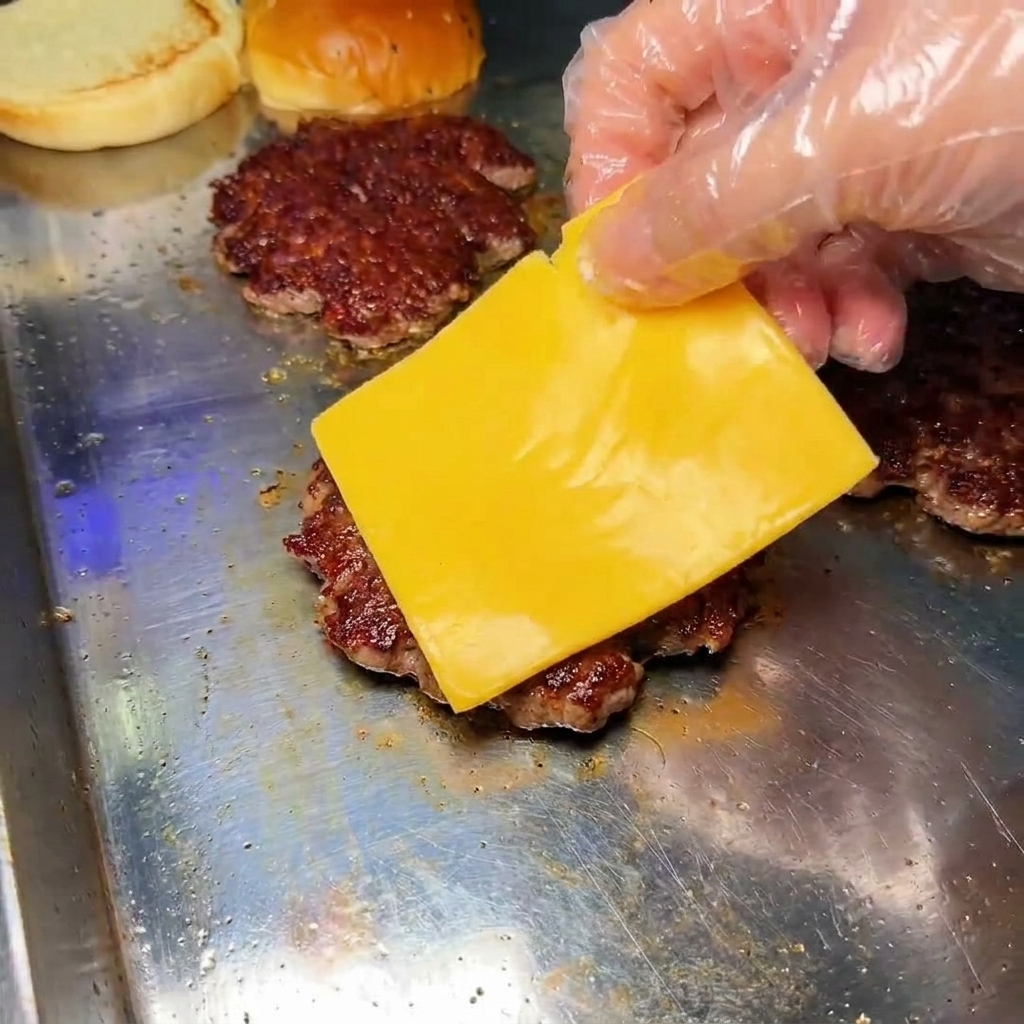 Eine Hand legt eine Scheibe gelben Käse auf ein heißes Rindfleisch-Patty.