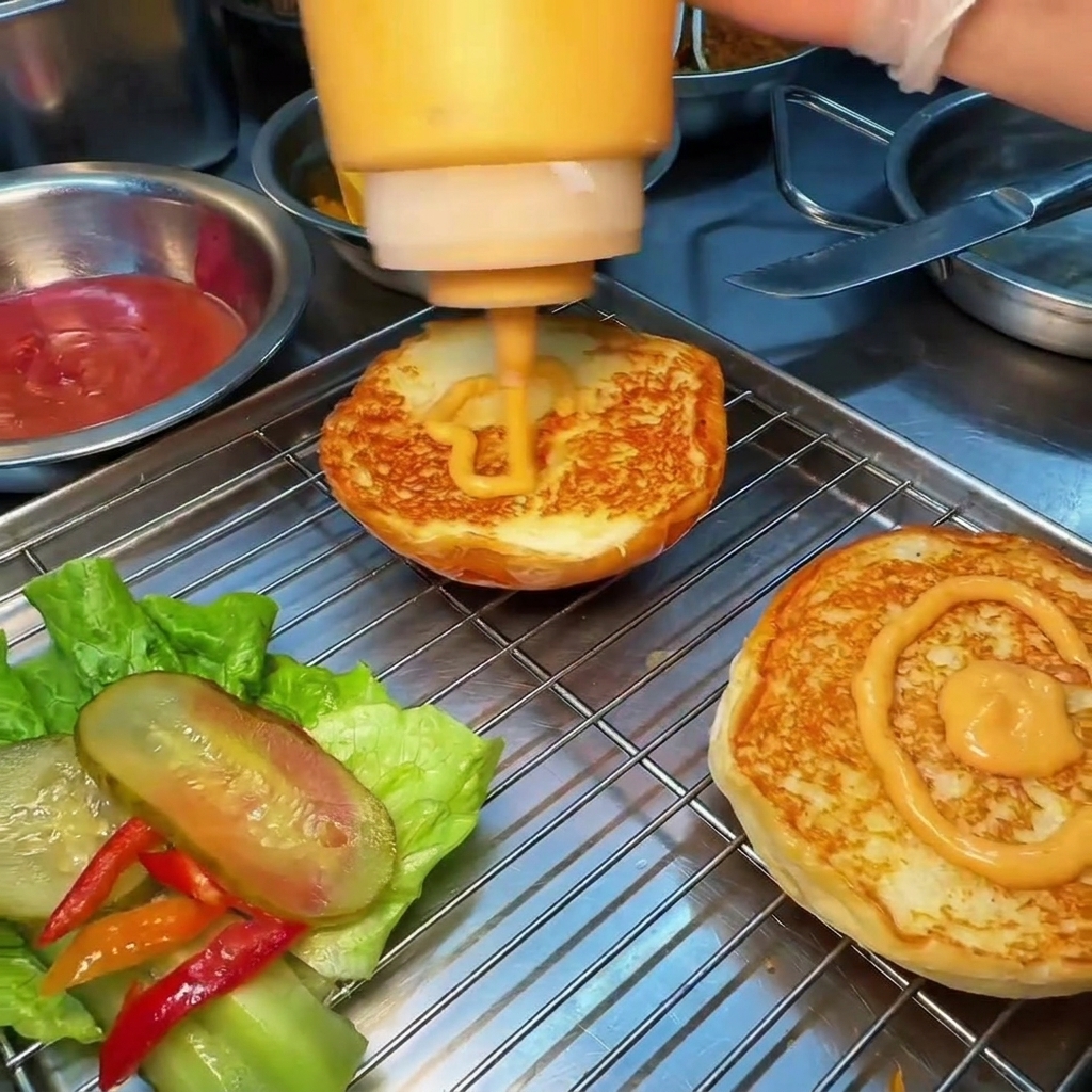 Burgersauce wird aus einer Flasche auf getoastete Buns auf einem Kuchengitter gegeben.