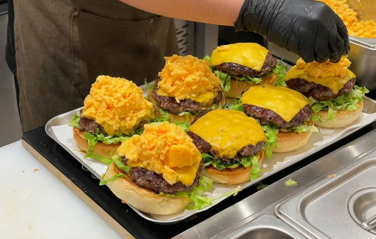 Eine Person mit schwarzen Handschuhen gibt eine große Portion Rührei auf einen fertig geschichteten Burger.