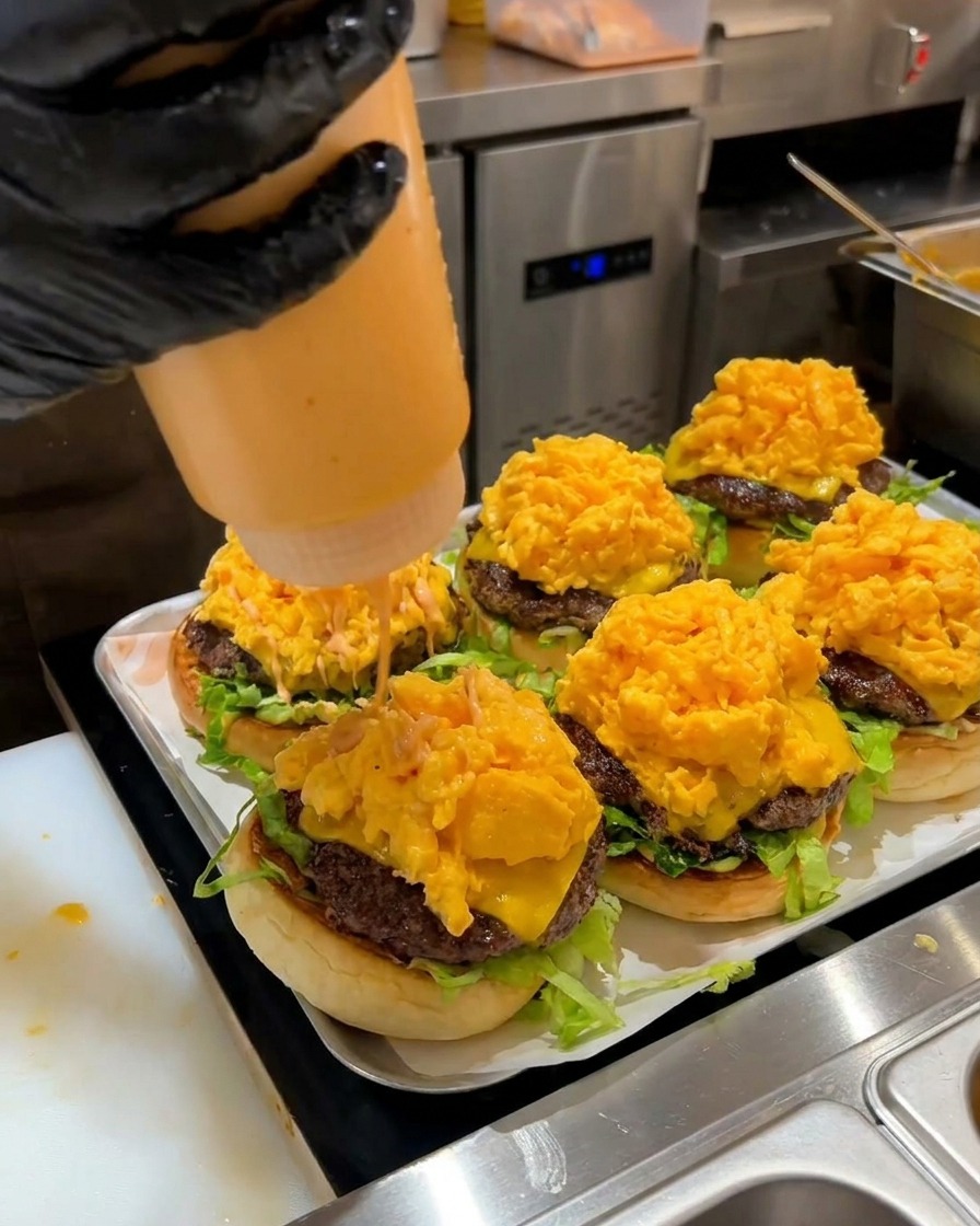 Süß-saure Sauce wird über ein hohes Rührei auf einem Burger geträufelt.