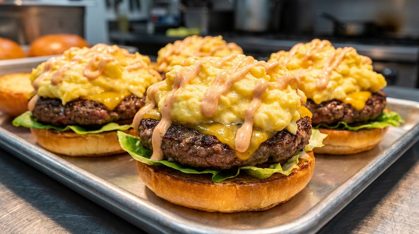 Ein Gourmet-Smashed-Beef-Burger, hoch aufgetürmt mit cremigem Rührei, geschmolzenem Käse und würziger Sauce auf einem getoasteten Bun.