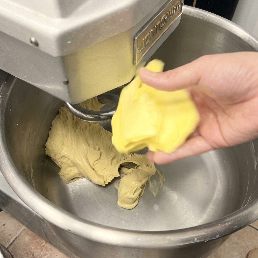 Eine Hand gibt weiche Butterstücke in eine Rührschüssel mit entwickeltem Brotteig.