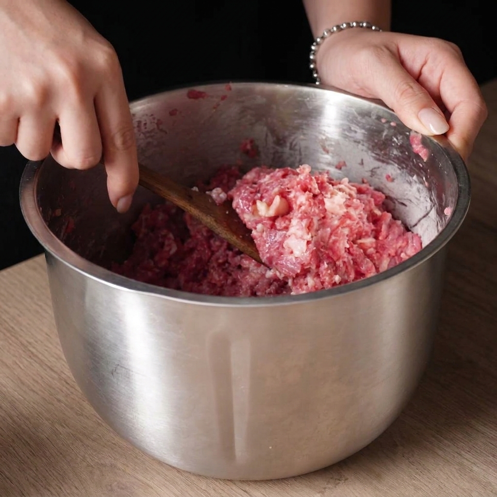 Grob gewolftes rohes Rindfleisch auf einem Holzlöffel in einer Edelstahlschüssel.