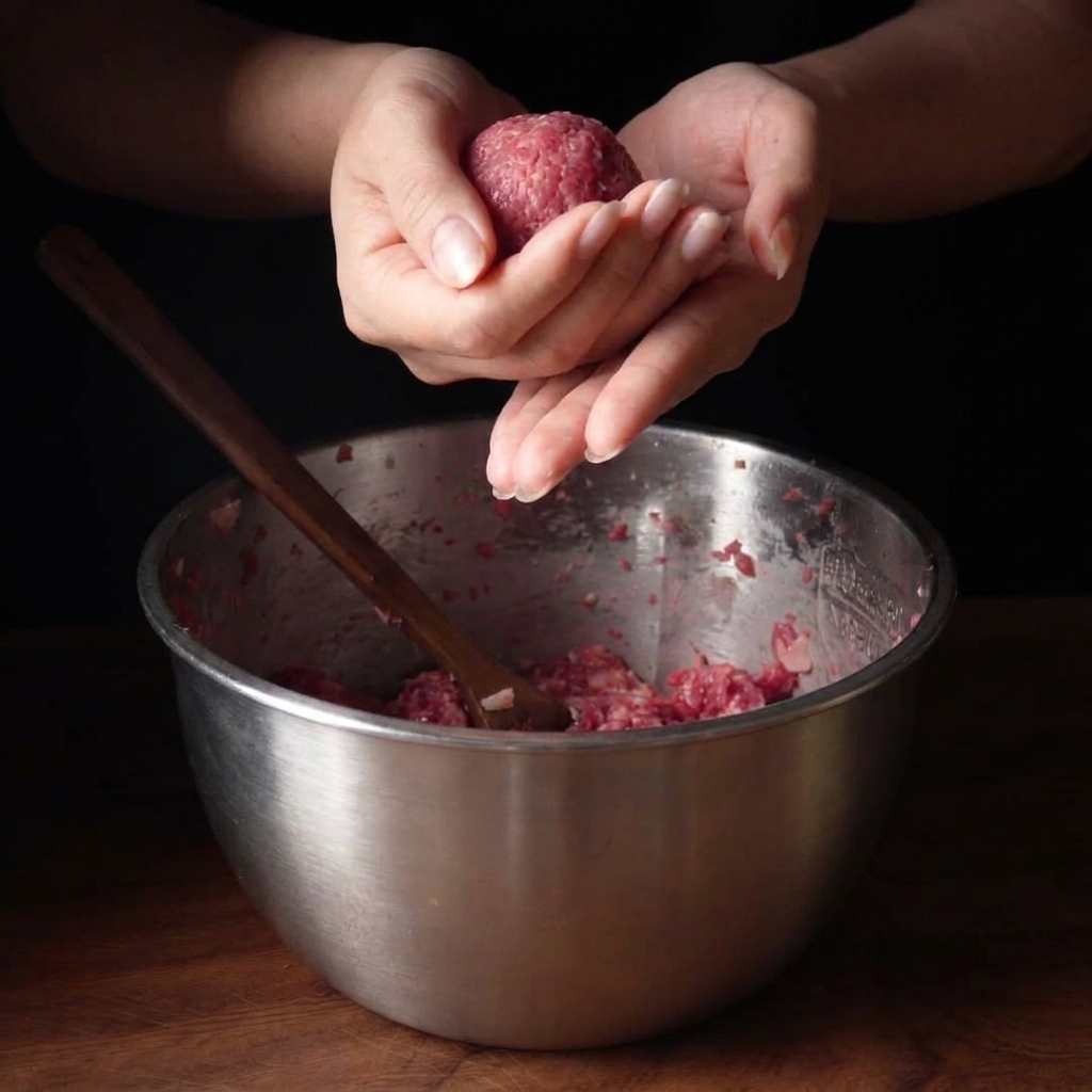Zwei Hände rollen vorsichtig eine Kugel aus rohem Hackfleisch über einer Schüssel.