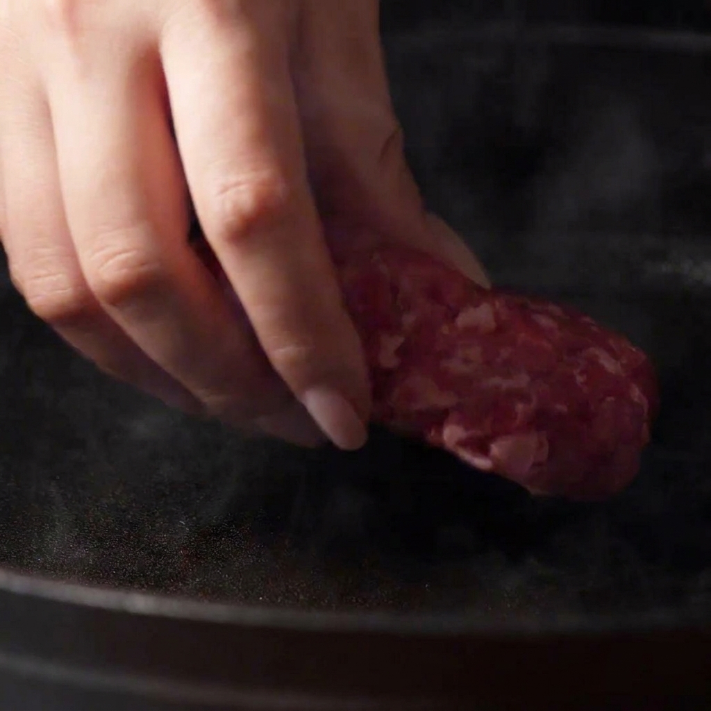 Eine Hand legt ein rohes Rindfleisch-Patty in eine rauchend heiße Pfanne.