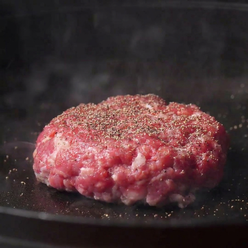 Ein dickes Rindfleisch-Patty brät in einer gusseisernen Pfanne und wird mit Salz und Pfeffer gewürzt.