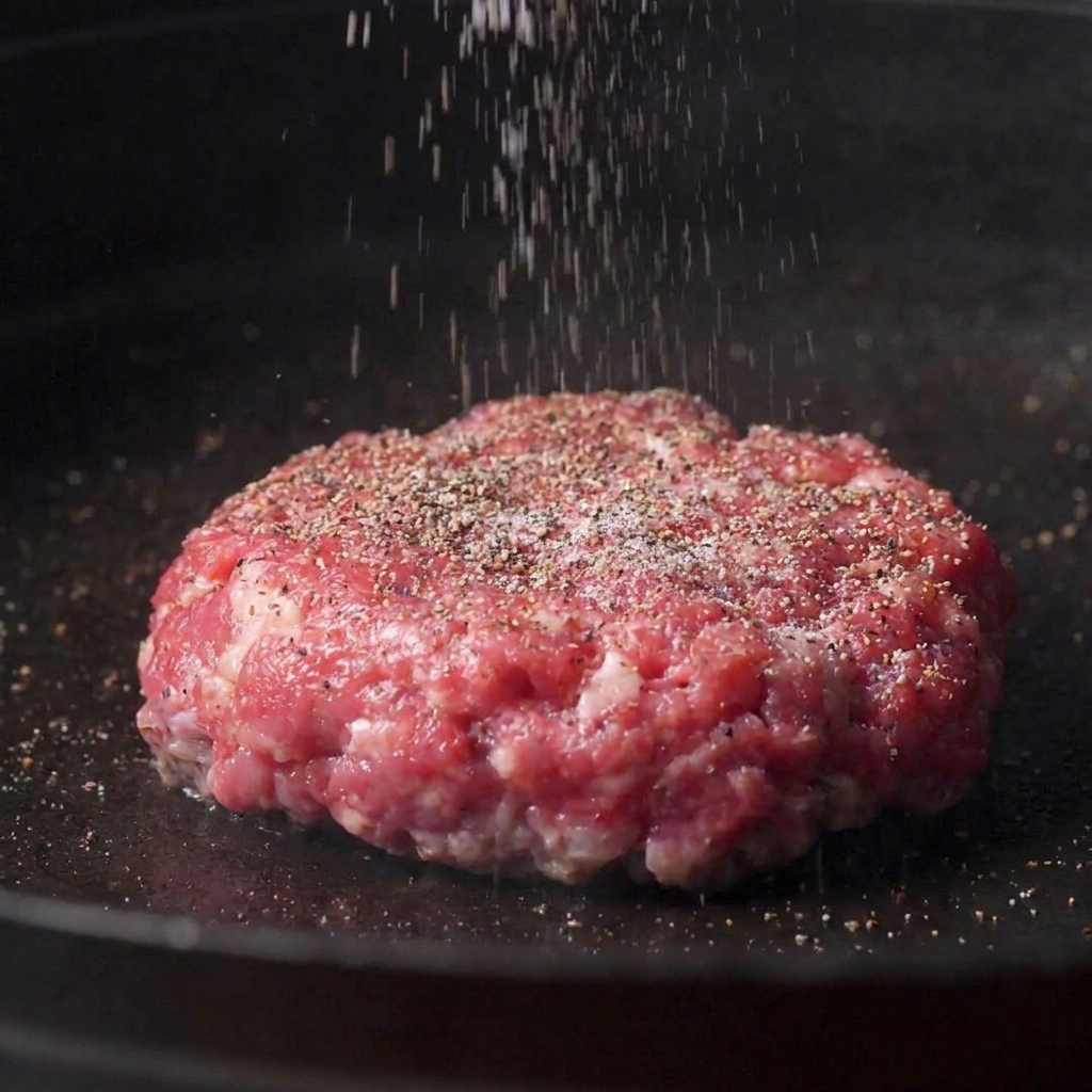 Ein Metallwender wendet ein angebratenes Patty in einer heißen Pfanne.