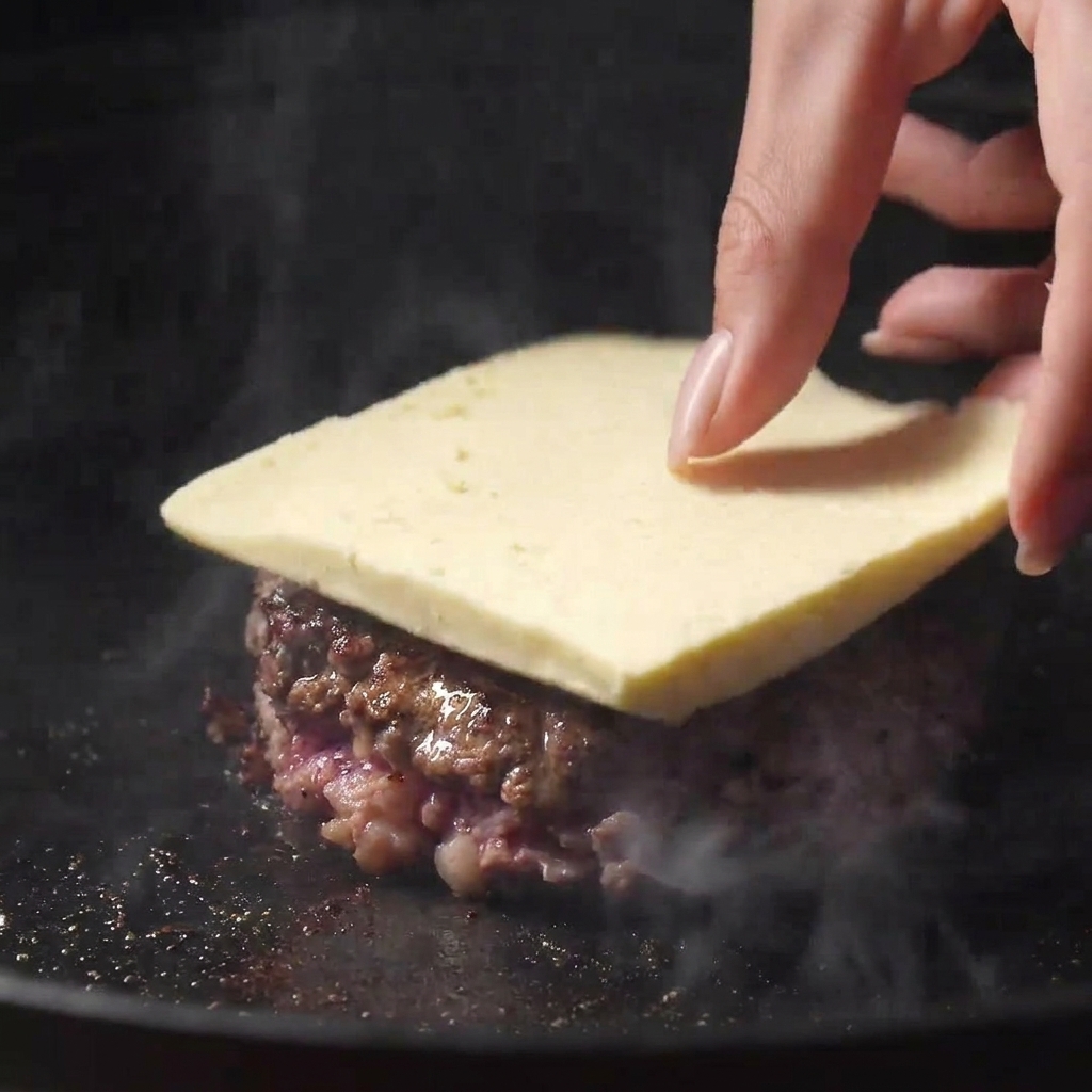 Eine Hand legt eine dicke Scheibe Käse auf ein gewendetes Patty in der Pfanne.