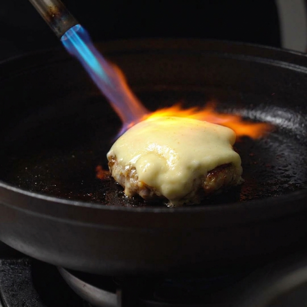 Die Flamme eines Küchenbrenners karamellisiert geschmolzenen Käse auf einem Burger-Patty.