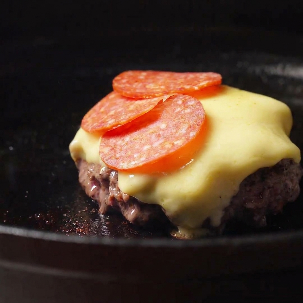 Rote Salamischeiben liegen überlappend auf dem geschmolzenen Käse eines Patties.