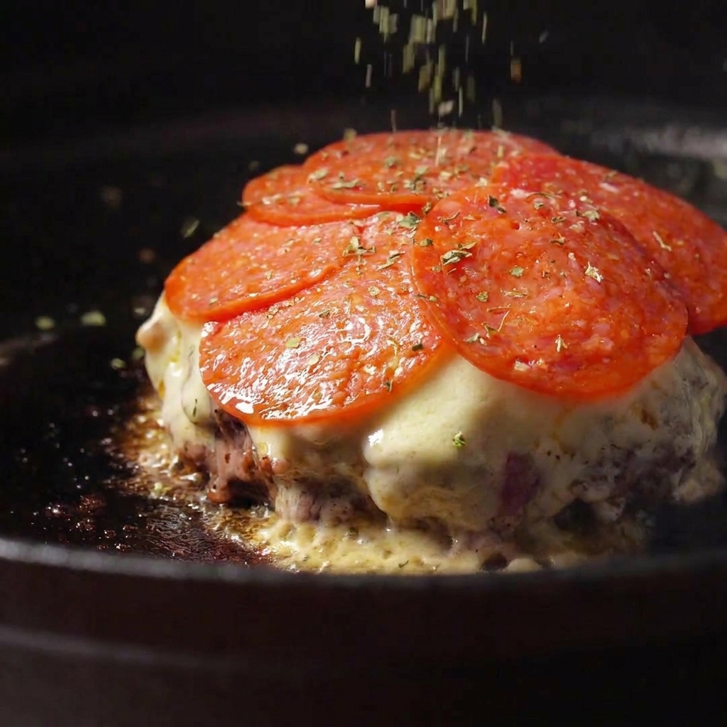 Getrocknete Kräuter fallen auf die Salami-Schicht über einem Burger-Patty.