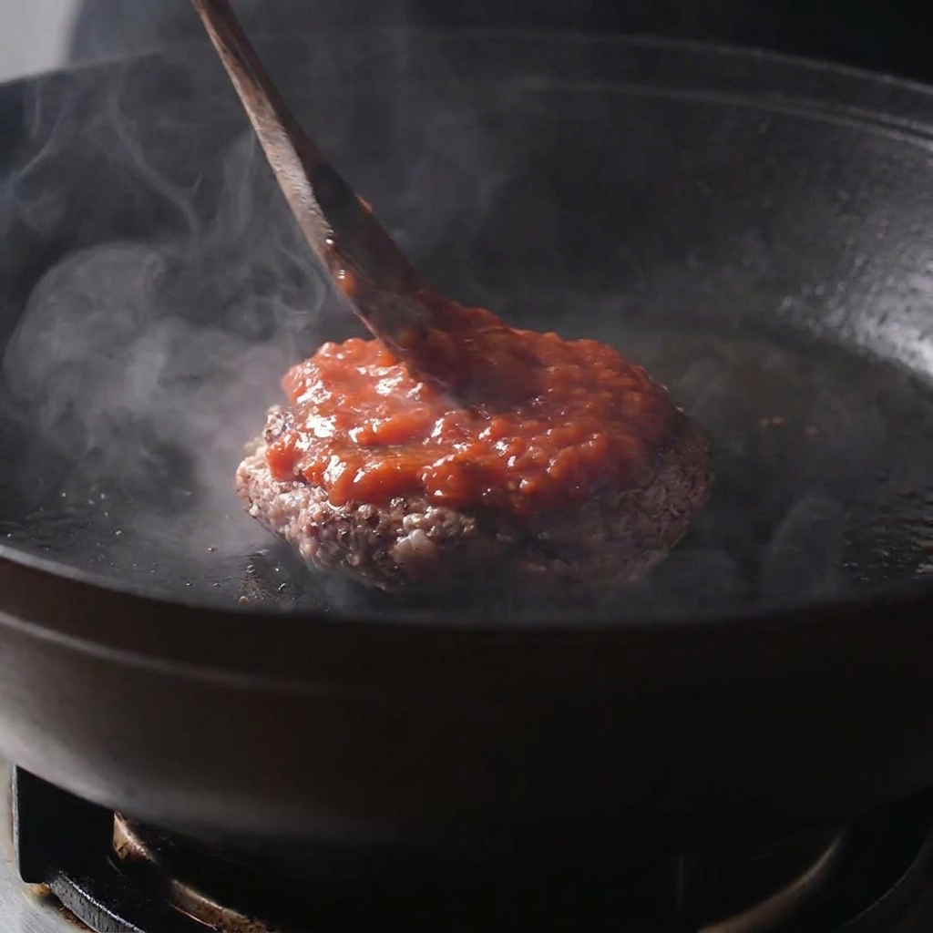 Ein Holzlöffel verteilt rote Tomatensauce auf einem zweiten Patty in der Pfanne.