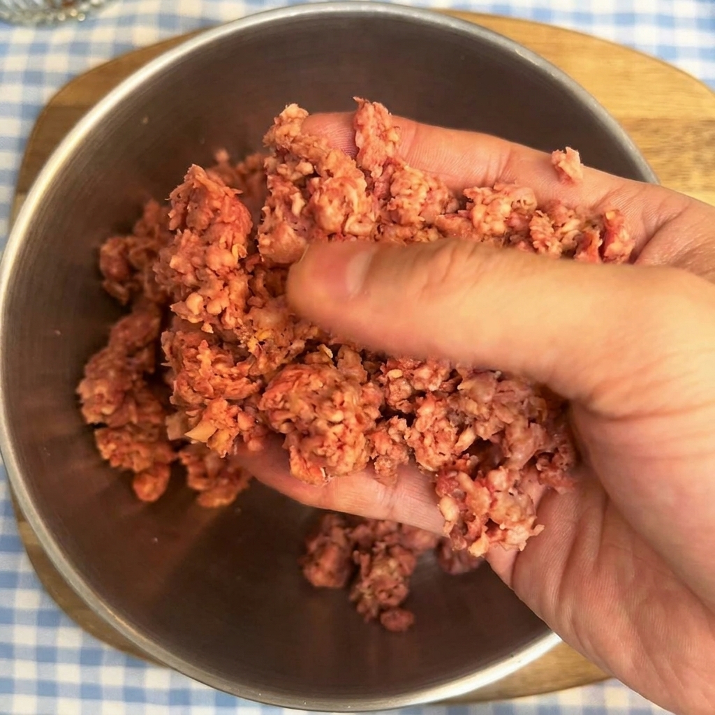 Eine Hand, die eine Portion rohes Rinderhackfleisch in einer Metallschüssel vorsichtig knetet.