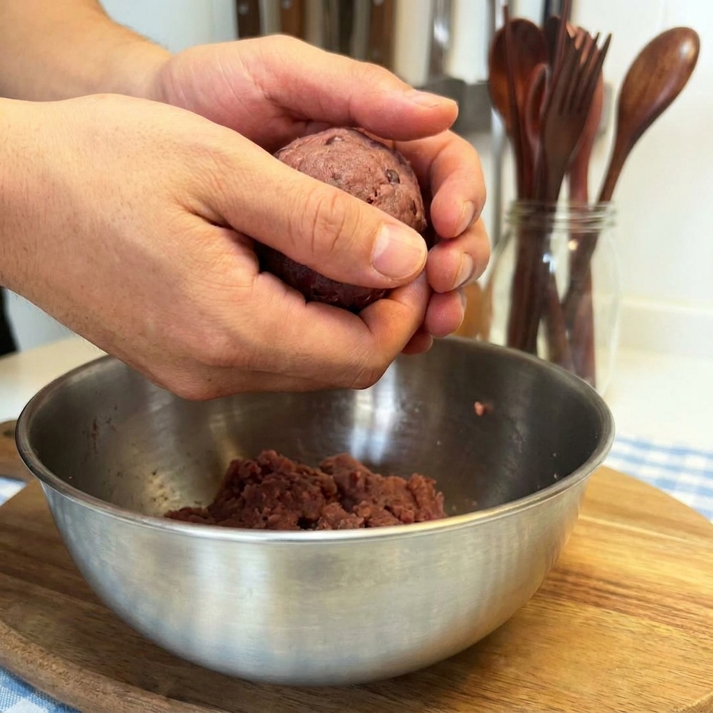 Zwei Hände, die eine feste Kugel aus rohem Rinderhackfleisch formen.