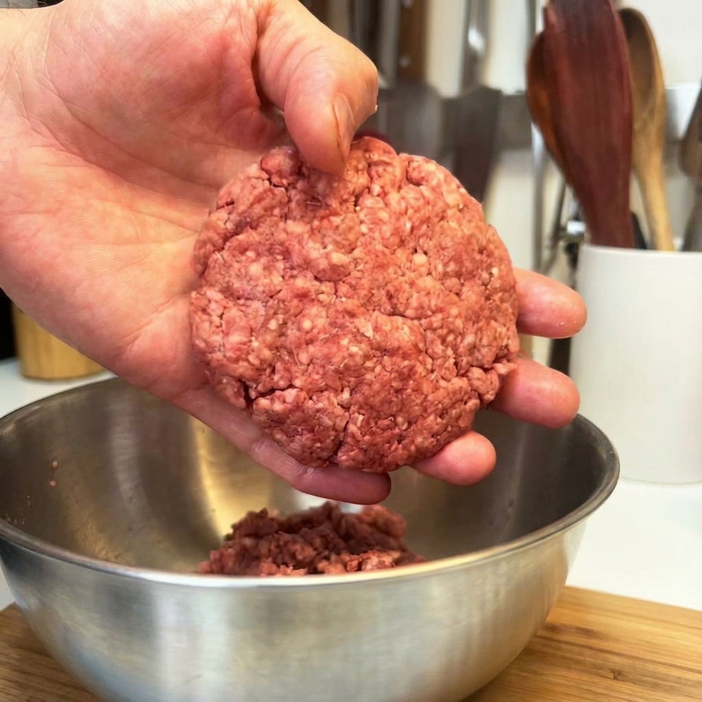 Ein perfekt geformtes, dickes rohes Burger-Patty auf der Handfläche einer Person.