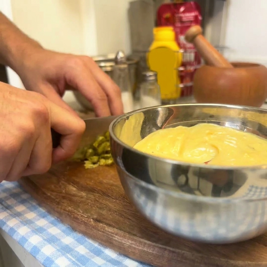 Hände schaben gehackte Essiggurken vom Schneidebrett in eine Edelstahlschüssel mit gelber Sauce.