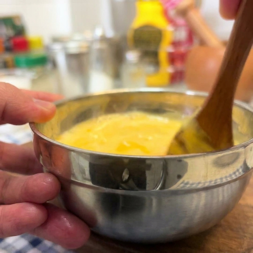 Eine Hand rührt eine cremige, blassorangefarbene Burgersauce in einer Metallschüssel mit einem Holzlöffel um.