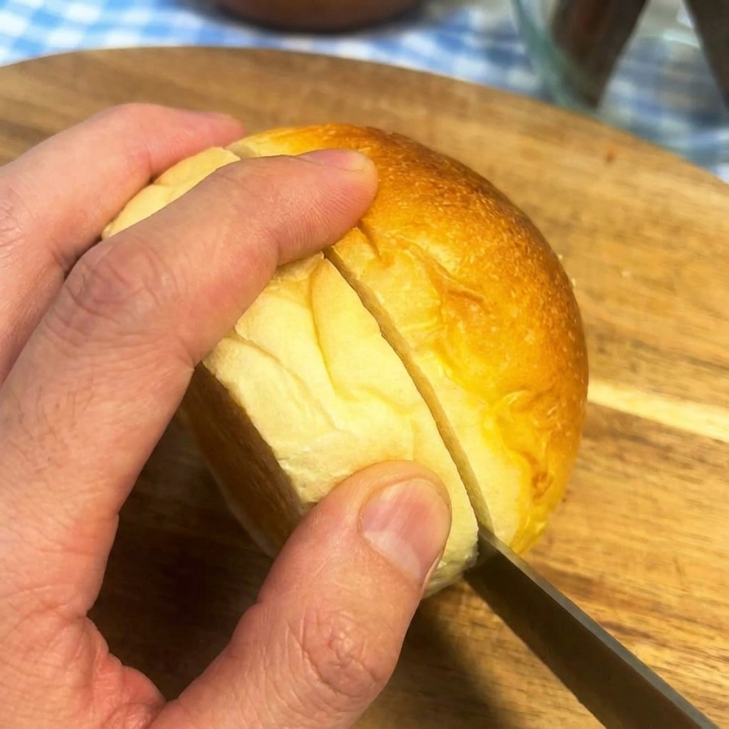 Eine Hand hält ein Burgerbrötchen, während es mit einem Messer horizontal auf einem Holzbrett halbiert wird.