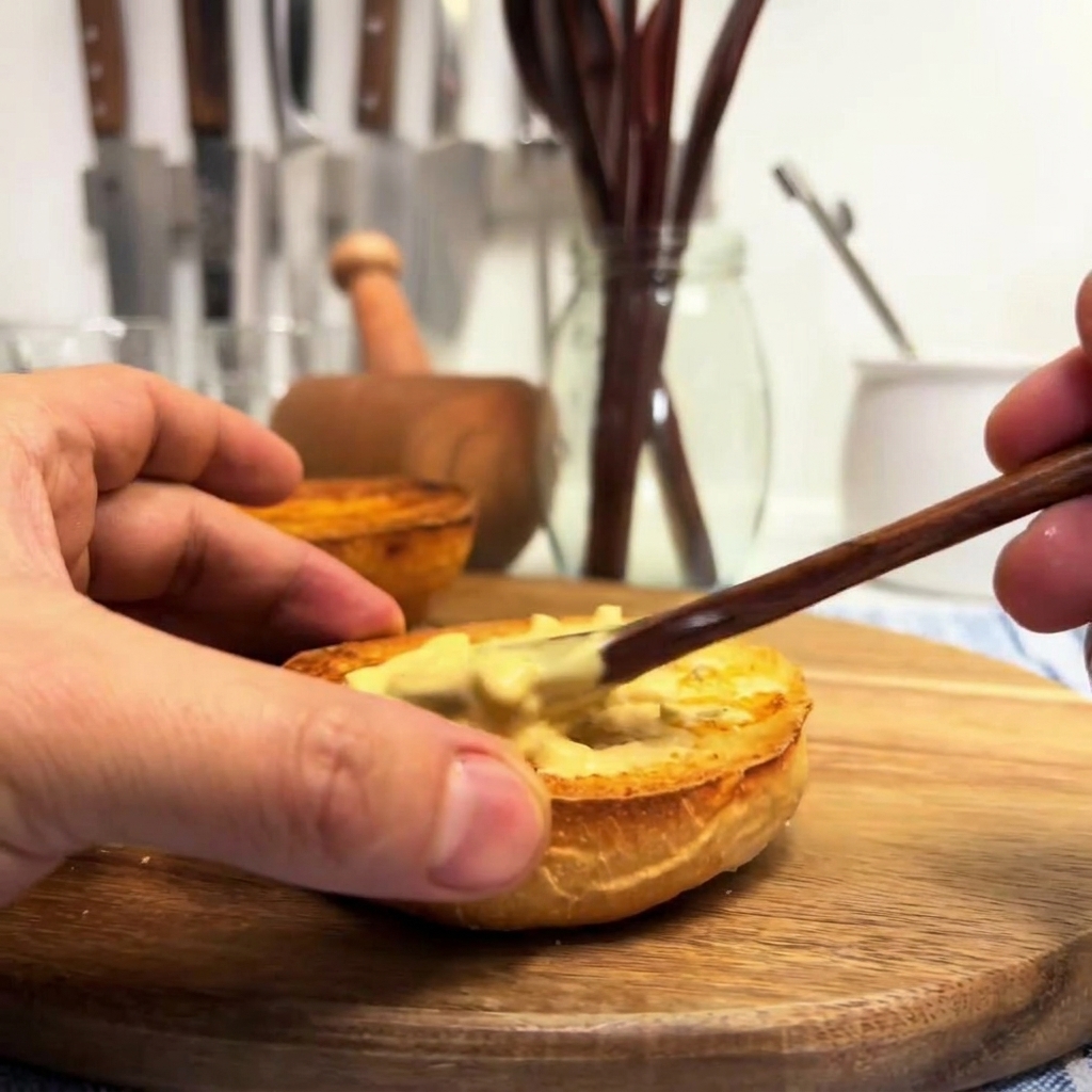 Eine Hand verstreicht mit einem Holzspatel cremige Burgersauce auf einer goldbraun getoasteten Unterseite eines Buns.