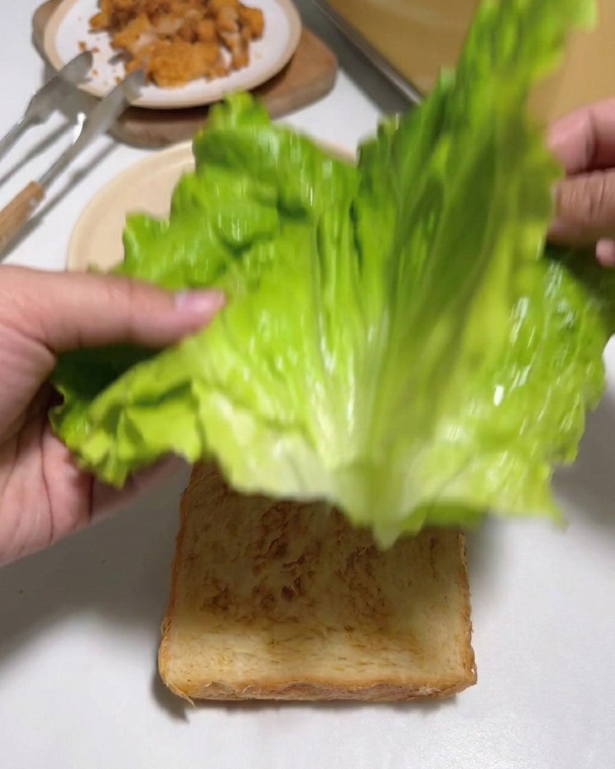 Hände legen große, frische grüne Salatblätter auf eine Scheibe getoastetes Weißbrot.