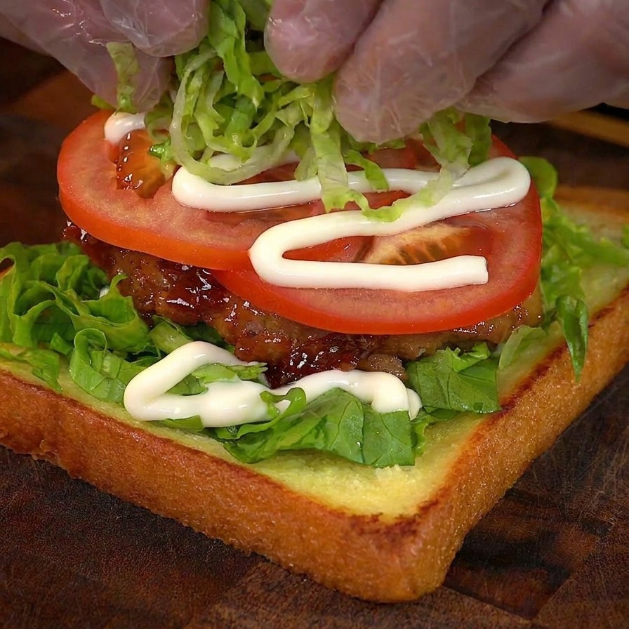 Ein Haufen geschnittener grüner Salat wird auf eine Tomatenscheibe und Mayonnaise gelegt.