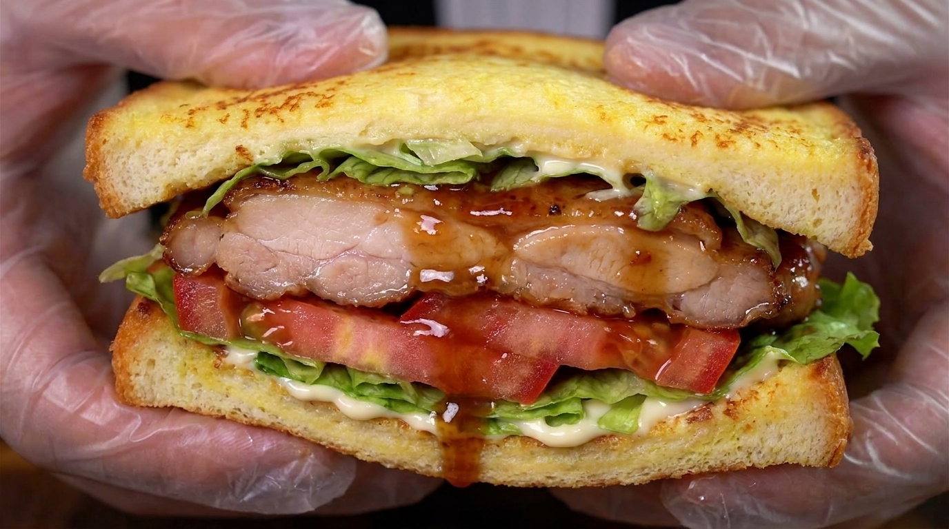 Ein stattliches French-Toast-Sandwich, gefüllt mit glasierter Hähnchenkeule, knackigem Salat und Tomaten.