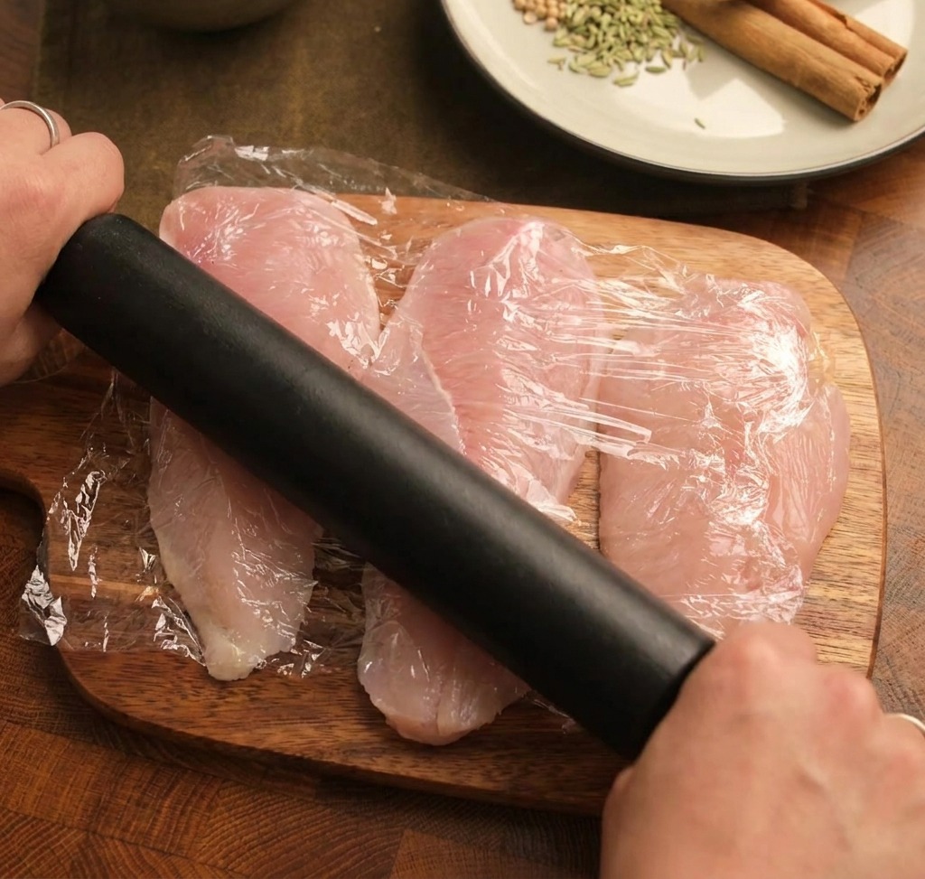Ein Nudelholz wird verwendet, um Hähnchenschnitzel durch eine Schicht Frischhaltefolie flach zu klopfen.