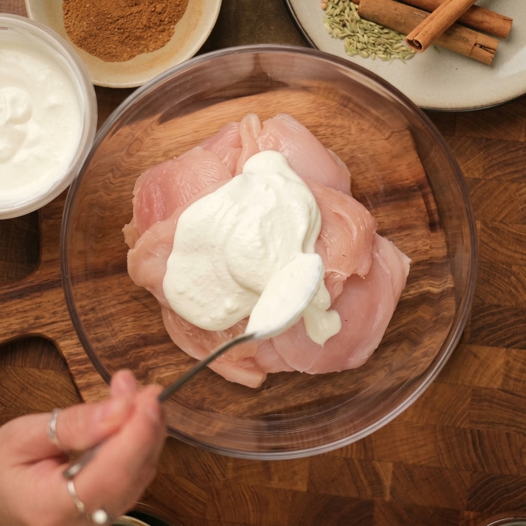 Naturjoghurt wird über rohe Hähnchenbrust in einer Glasschüssel gelöffelt.