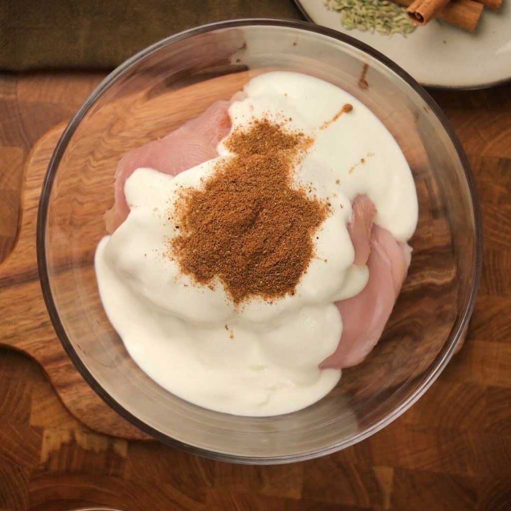 Eine Glasschüssel mit Hähnchen in Joghurt, bestreut mit braunem Gewürzpulver.