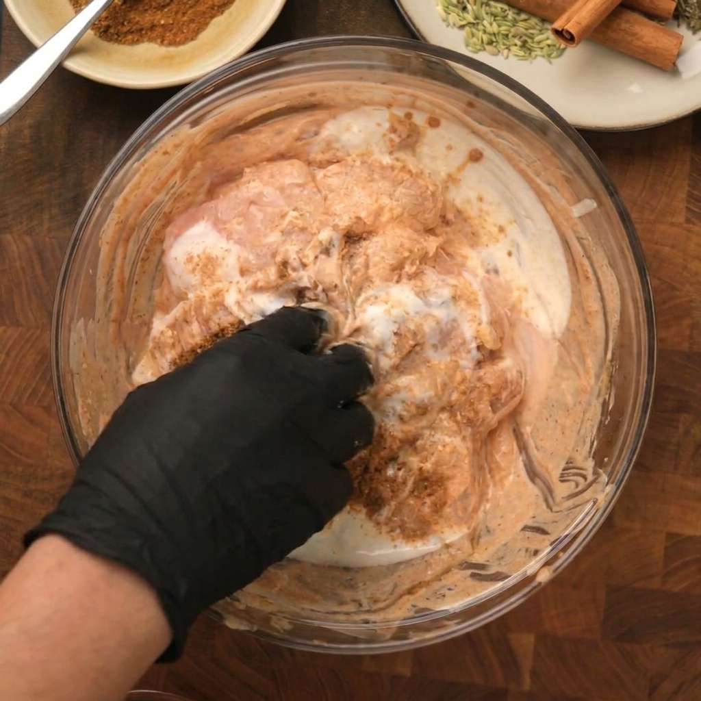 Eine Person mit Handschuh mischt Hähnchenstücke mit Joghurt und Gewürzen in einer Schüssel.