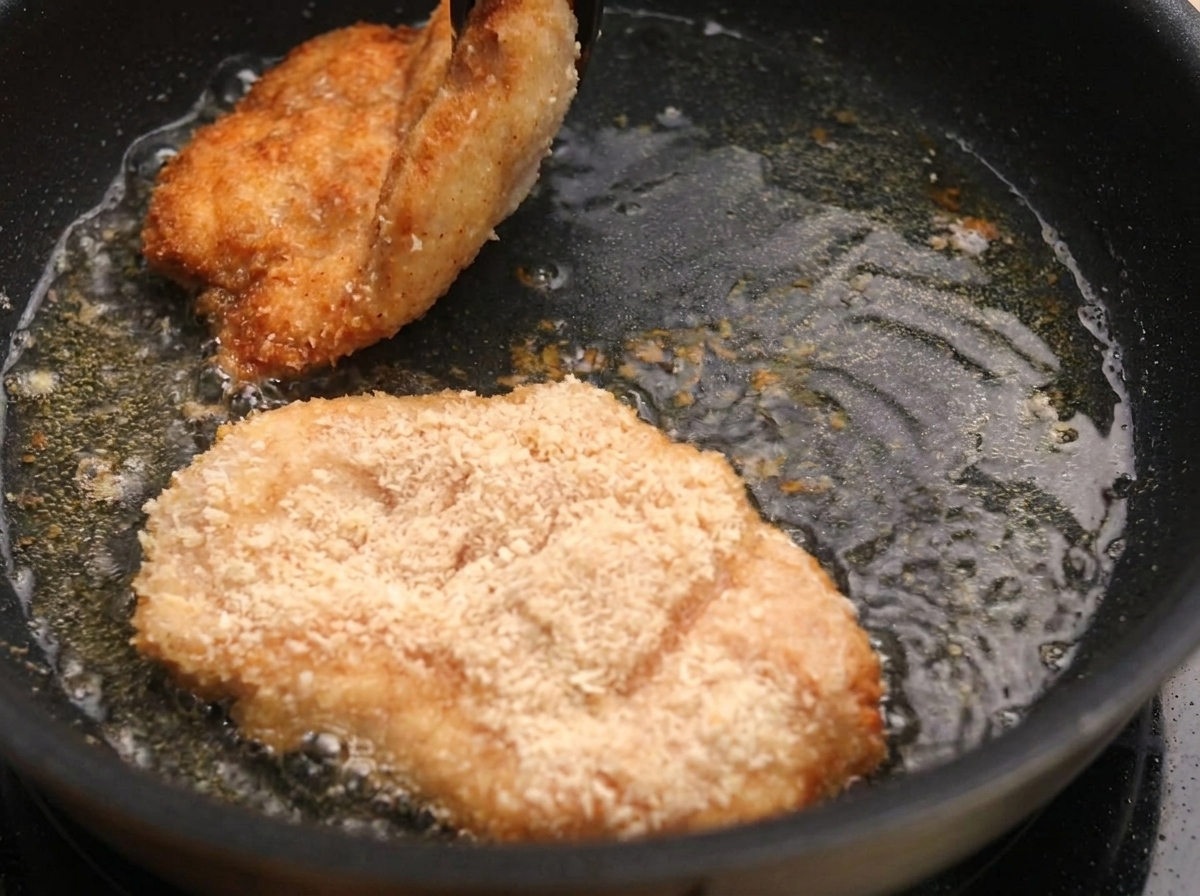 Goldbraune Hähnchenschnitzel brutzeln in einer Pfanne mit heißem Öl.