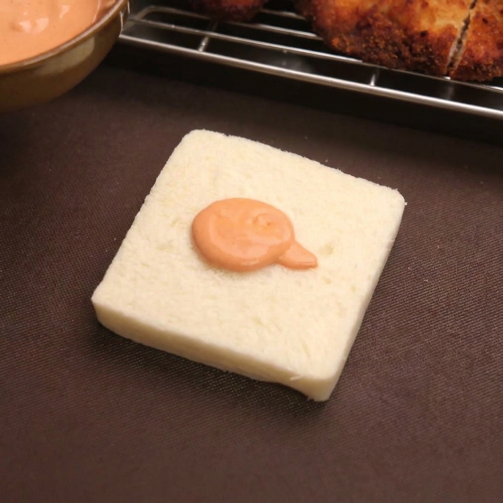 Ein Klecks orangefarbene Harissa-Mayo auf einer Scheibe Weißbrot.