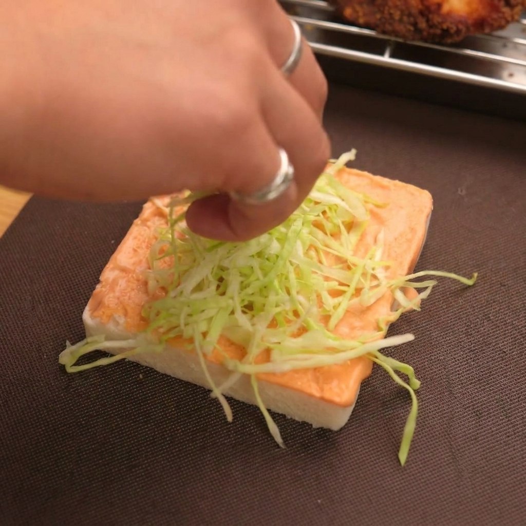Eine Hand legt geraspelten Weißkohl auf die Sauce einer Brotscheibe.