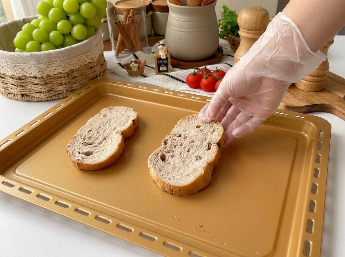 Mehrkornbrotscheiben auf einem Backblech, bereit zum Toasten.