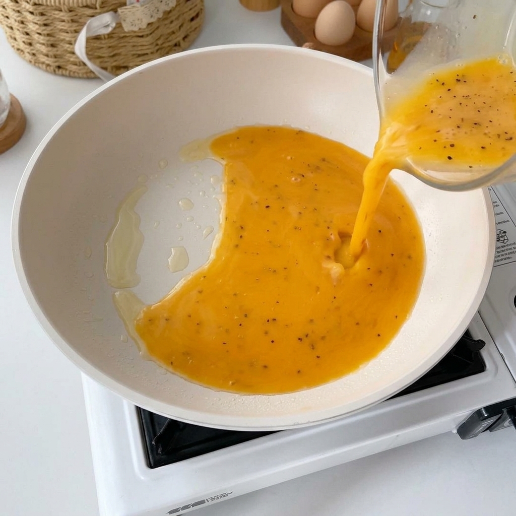 Eimasse wird in eine leicht geölte weiße Pfanne gegossen.