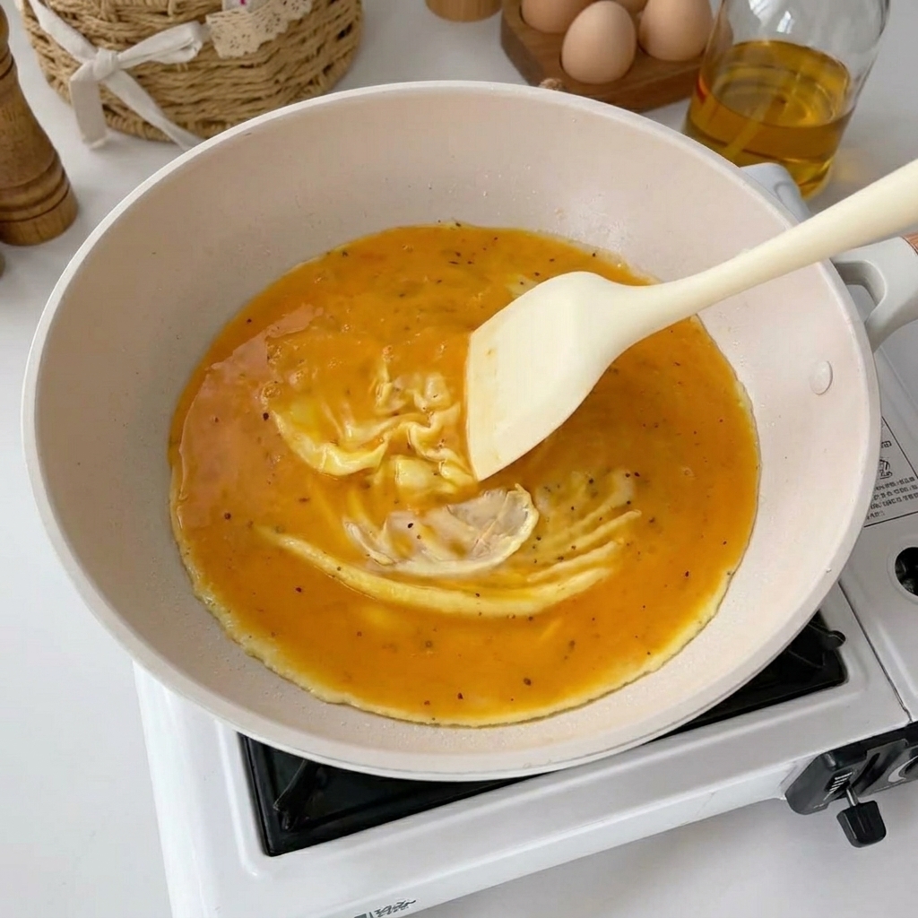 Ein Pfannenwender schiebt das stockende Ei in der Pfanne sanft zusammen.
