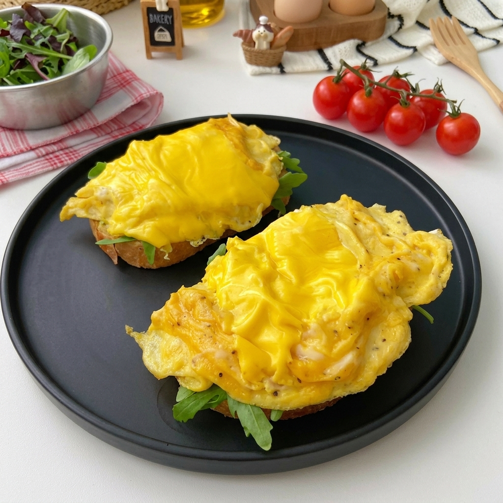 Zwei Brotscheiben mit Rucola und einer Portion Käse-Rührei obenauf.