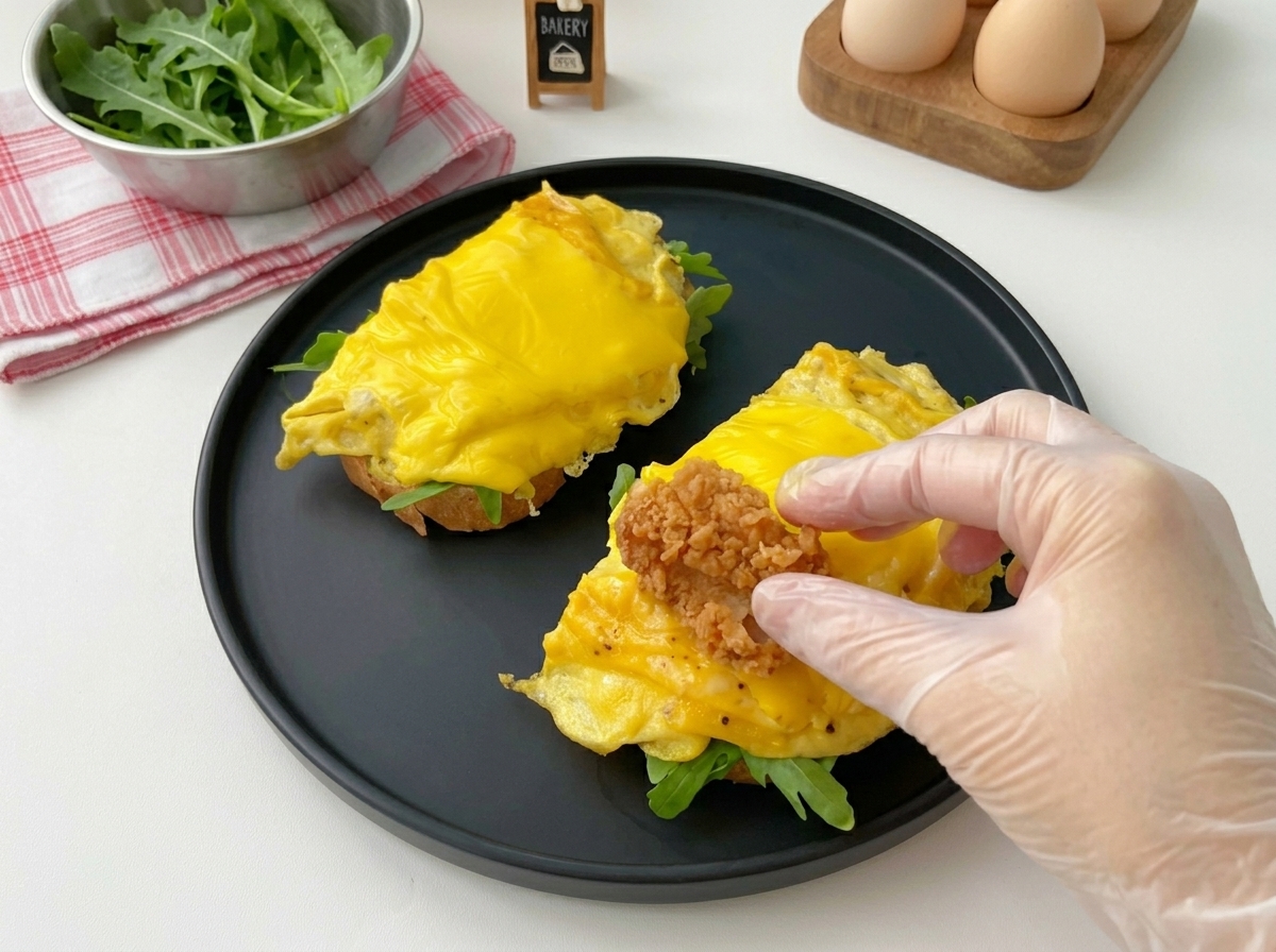 Brathähnchenstücke werden auf das Käse-Rührei geschichtet.