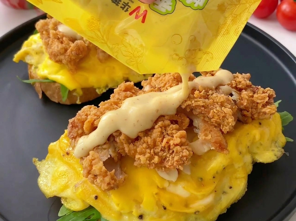 Honig-Senf-Sauce wird über das Brathähnchen auf dem Sandwich geträufelt.