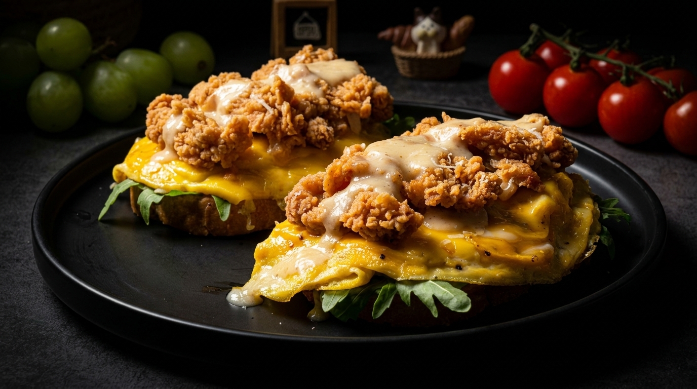 Sandwich mit knusprigem Brathähnchen und Käse-Rührei