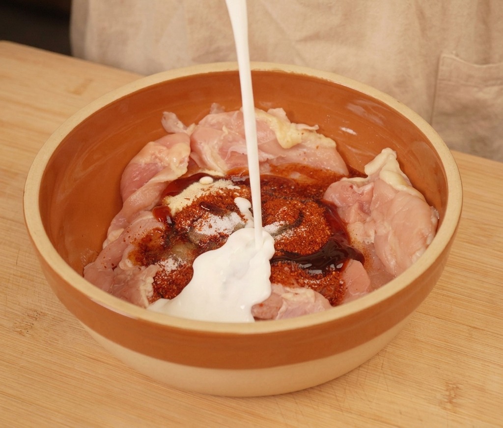Naturjoghurt wird aus einem Glas über rohe Hähnchenschenkel und Gewürze gegossen.