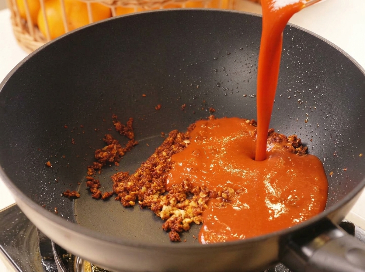 Dicke rote Chilisauce wird aus einer Schüssel in einen schwarzen Wok zu Knoblauch und Gewürzen gegossen.
