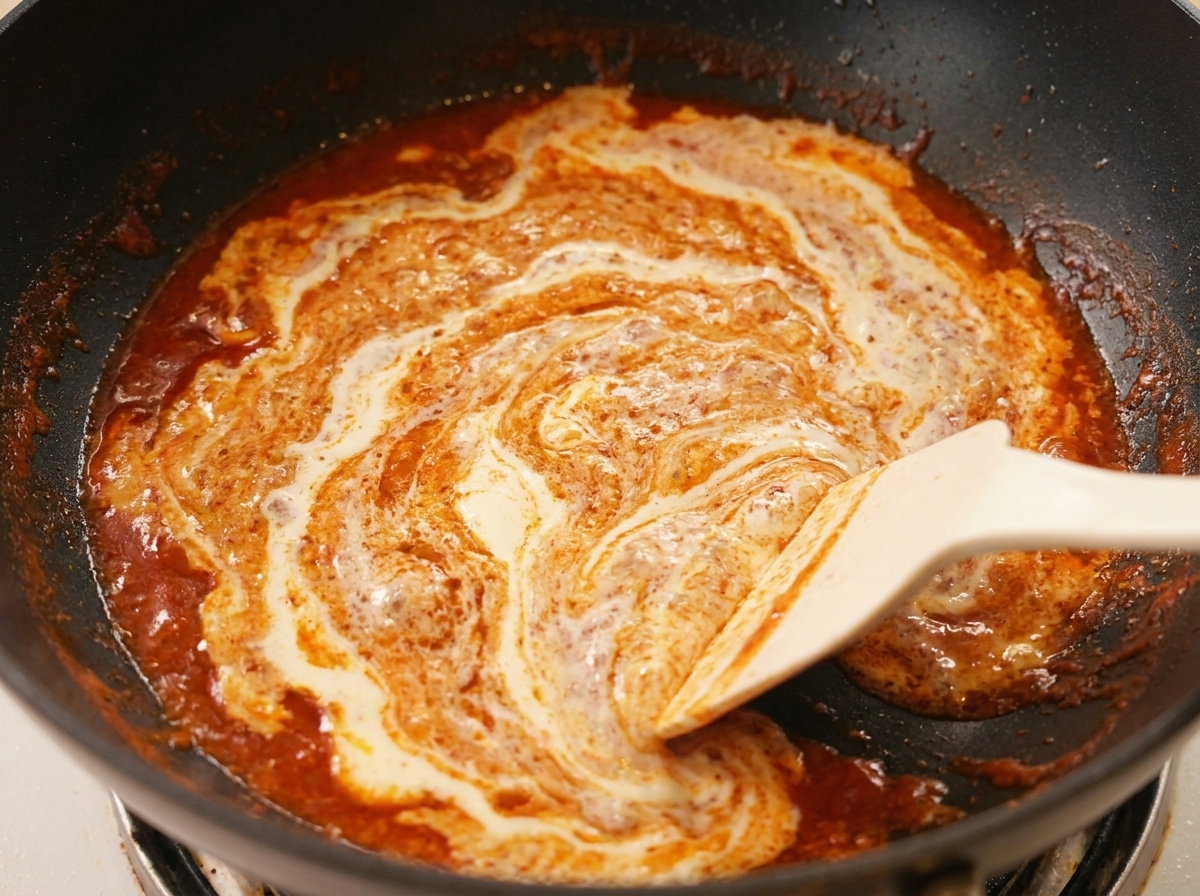 Weiße Sahne wird mit einem Spatel in eine blubbernde rote Sauce in einer Pfanne eingerührt.
