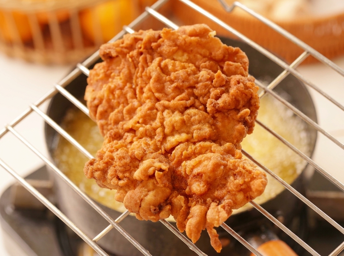 Ein Stück goldbraunes Fried Chicken ruht auf einem Kuchengitter über einem Topf.