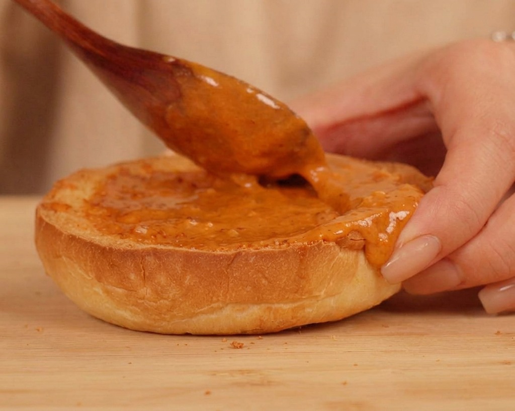 Ein Holzlöffel verstreicht die orangefarbene Sauce auf der Unterseite eines Burgerbrötchens.