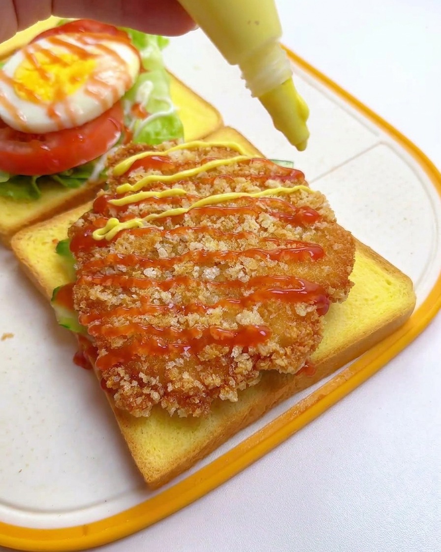 Gelber Honig-Senf wird aus einer Flasche auf das knusprige Hähnchenschnitzel gegeben, das bereits mit Ketchup garniert ist.