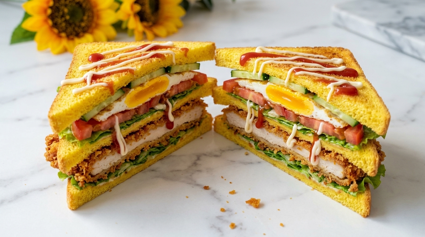 Ein perfekt geschichtetes, diagonal halbiertes Sandwich, das knuspriges Hähnchen, ein Spiegelei, frisches Gemüse und würzige Saucen offenbart.